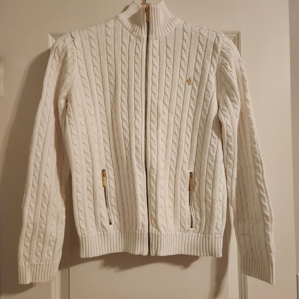 LAUREN Ralph Lauren Cable Knit Zip Up Sweater Cream Size PL